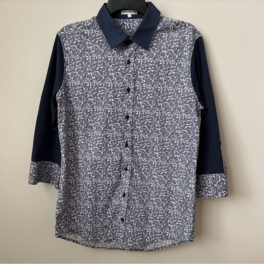 Naracamicie Collared 3/4 Sleeve Button Up Shirt Blue Leaf Print Italy Sz M